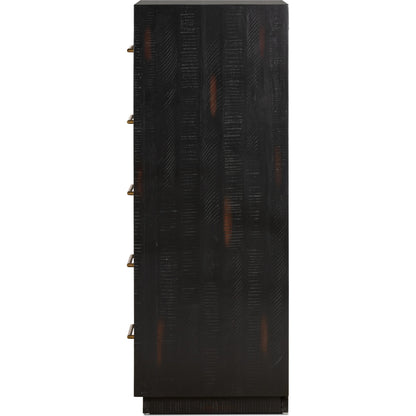 Suki Tall Boy by Four Hands in burnished black. Made from resawn mixed wood, mixed wood solid in a modern style.
