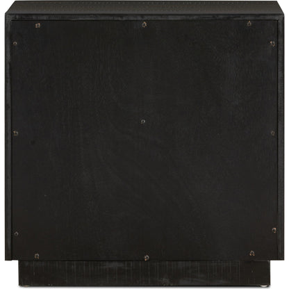 Suki Nightstand by Four Hands in burnished black, brass (alexa hardware) and burnished black. Made from resawn mixed wood in a modern style.