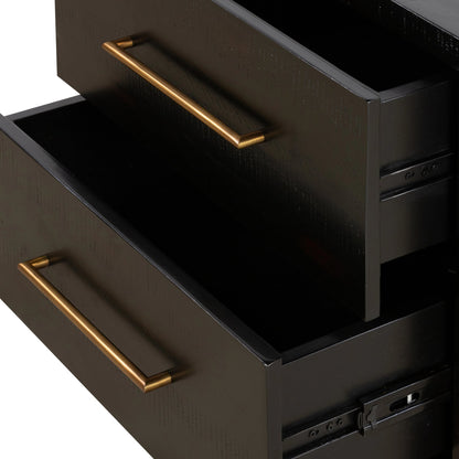 Suki Nightstand by Four Hands in burnished black, brass (alexa hardware) and burnished black. Made from resawn mixed wood in a modern style.