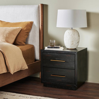 Suki Nightstand by Four Hands in burnished black, brass (alexa hardware) and burnished black. Made from resawn mixed wood in a modern style.