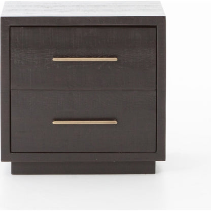 Suki Nightstand by Four Hands in burnished black, brass (alexa hardware) and burnished black. Made from resawn mixed wood in a modern style.