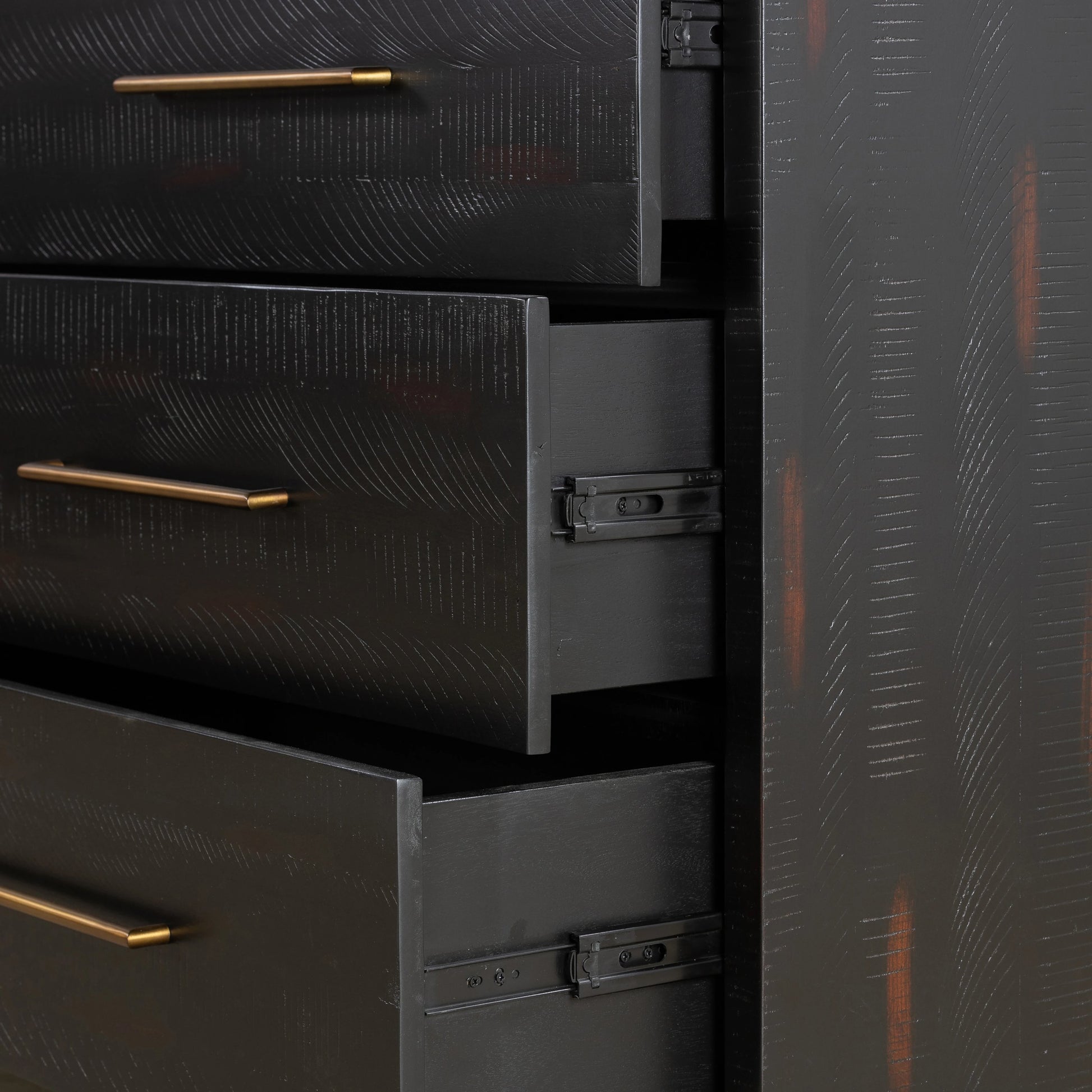 Suki 9 Drawer Dresser by Four Hands in burnished black. Made from mixed wood solid, resawn mixed wood in a modern style.