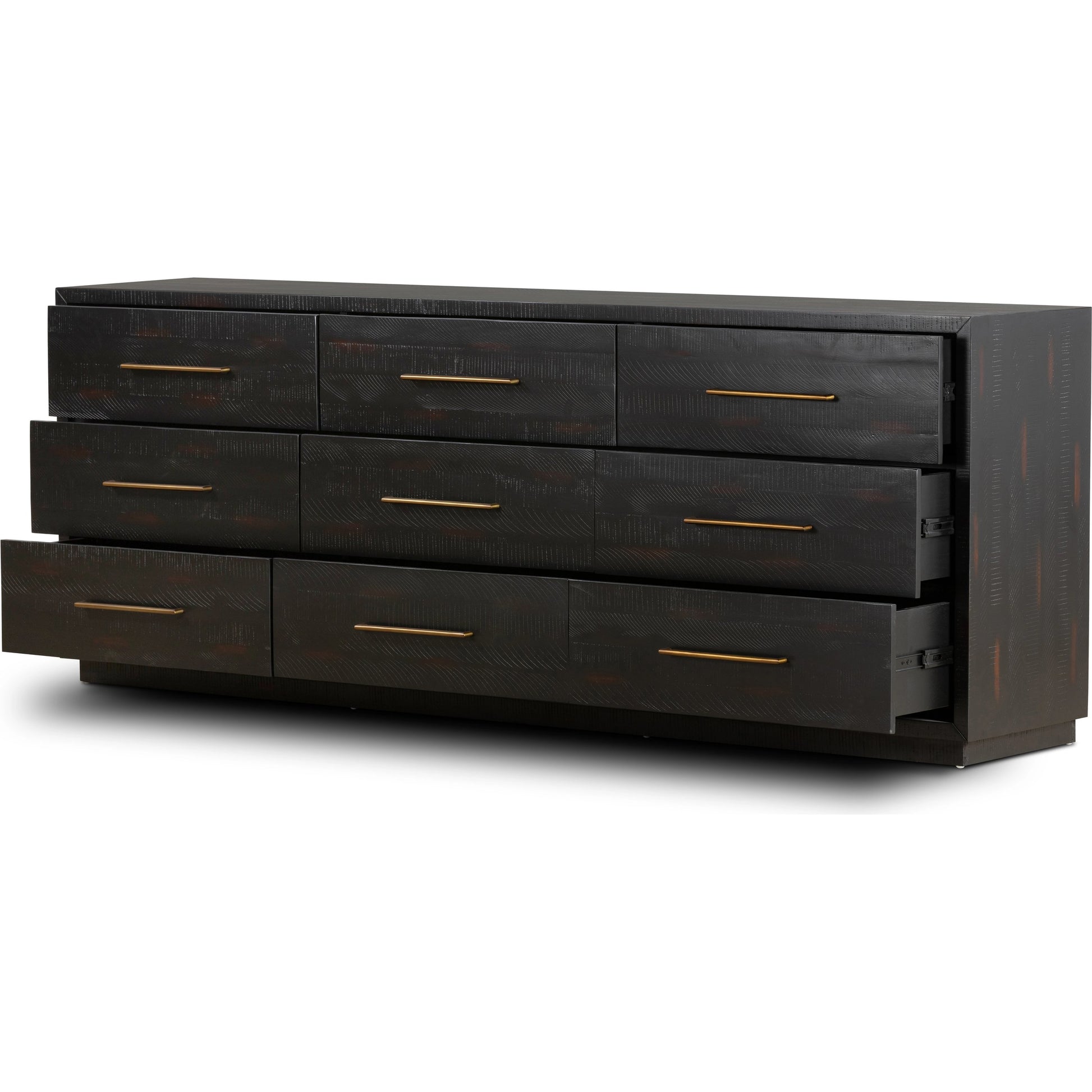 Suki 9 Drawer Dresser by Four Hands in burnished black. Made from mixed wood solid, resawn mixed wood in a modern style.