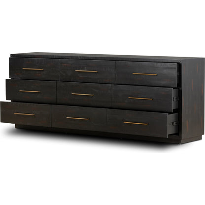 Suki 9 Drawer Dresser by Four Hands in burnished black. Made from mixed wood solid, resawn mixed wood in a modern style.