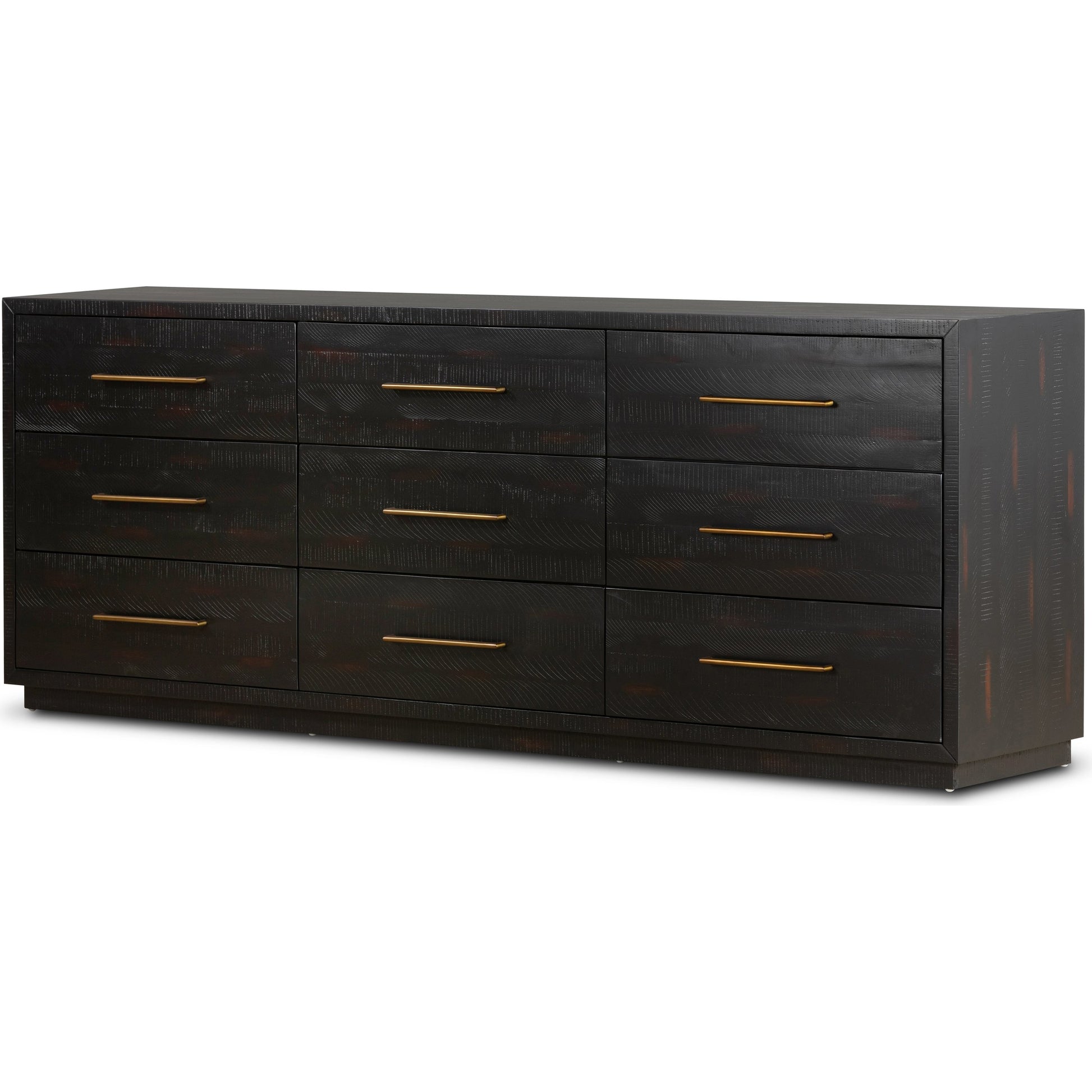 Suki 9 Drawer Dresser by Four Hands in burnished black. Made from mixed wood solid, resawn mixed wood in a modern style.