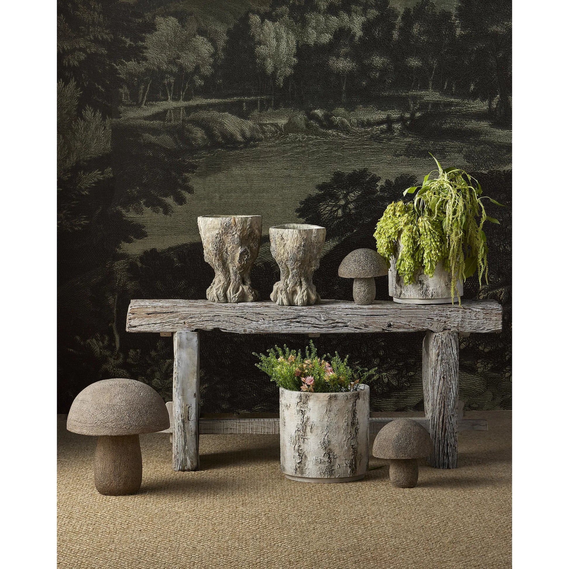 Faux Birch Planter by Currey and Company in black, beige, pale gray. Made from fiber cement in a modern style.