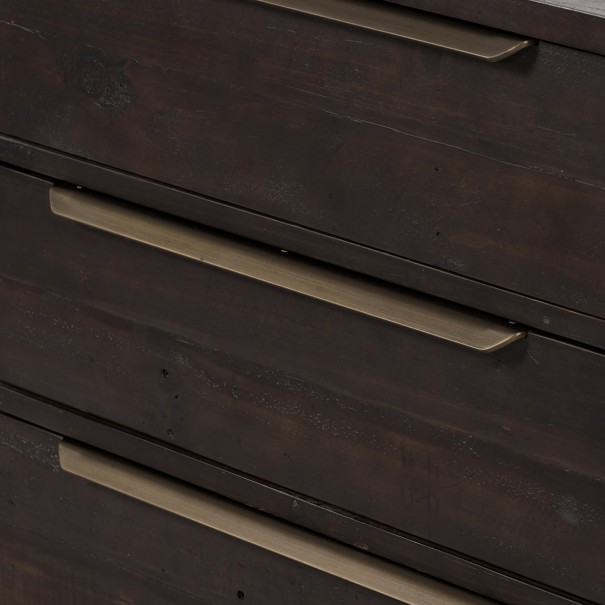 Wyeth 3 Drawer Dresser by Four Hands in dark carbon, antique brass. Made from solid reclaimed pine, iron in a modern style.