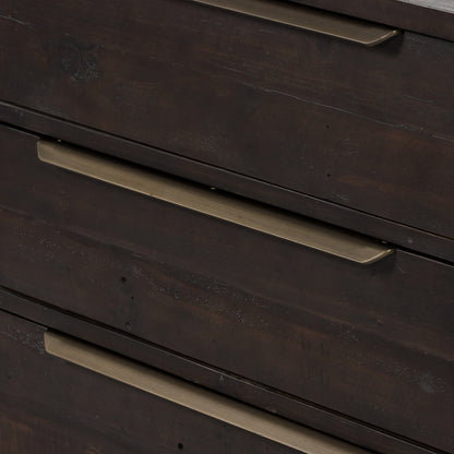 Wyeth 3 Drawer Dresser by Four Hands in dark carbon, antique brass. Made from solid reclaimed pine, iron in a modern style.