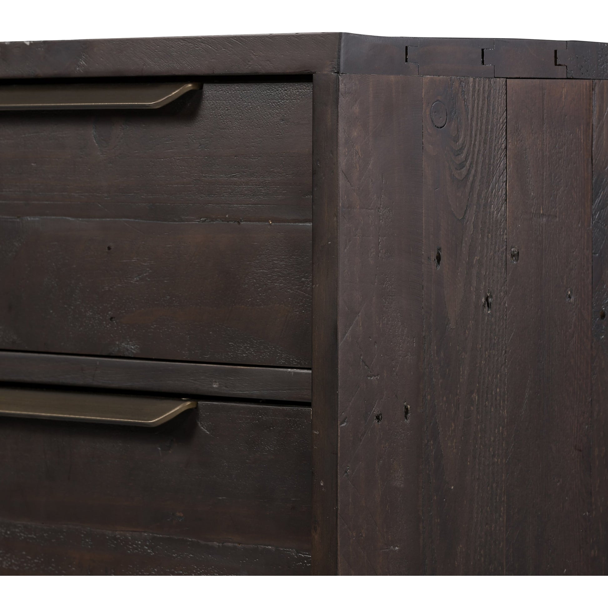 Wyeth 3 Drawer Dresser by Four Hands in dark carbon, antique brass. Made from solid reclaimed pine, iron in a modern style.