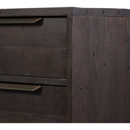 Wyeth 3 Drawer Dresser by Four Hands in dark carbon, antique brass. Made from solid reclaimed pine, iron in a modern style.