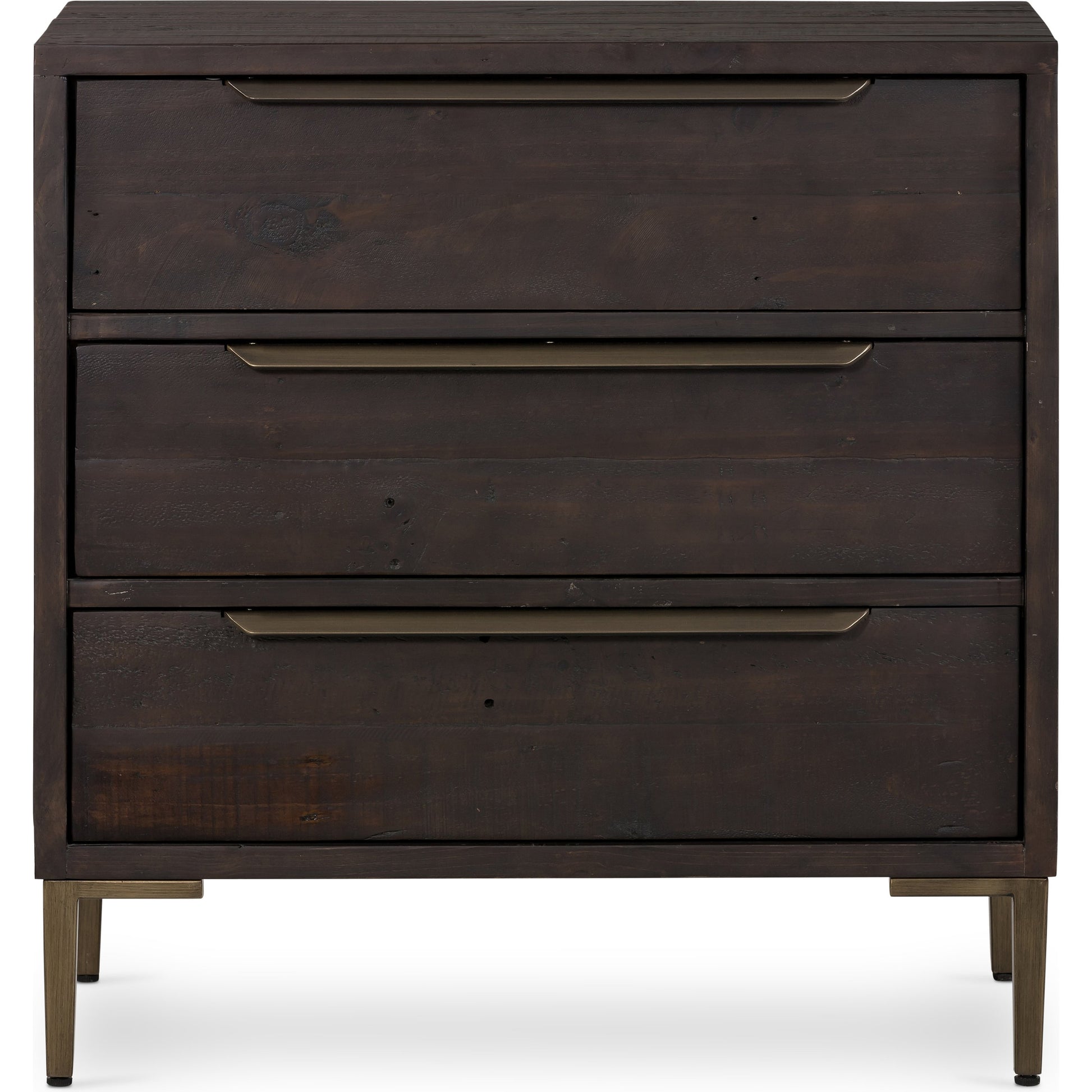 Wyeth 3 Drawer Dresser by Four Hands in dark carbon, antique brass. Made from solid reclaimed pine, iron in a modern style.