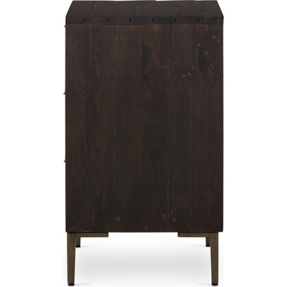 Wyeth 3 Drawer Dresser by Four Hands in dark carbon, antique brass. Made from solid reclaimed pine, iron in a modern style.