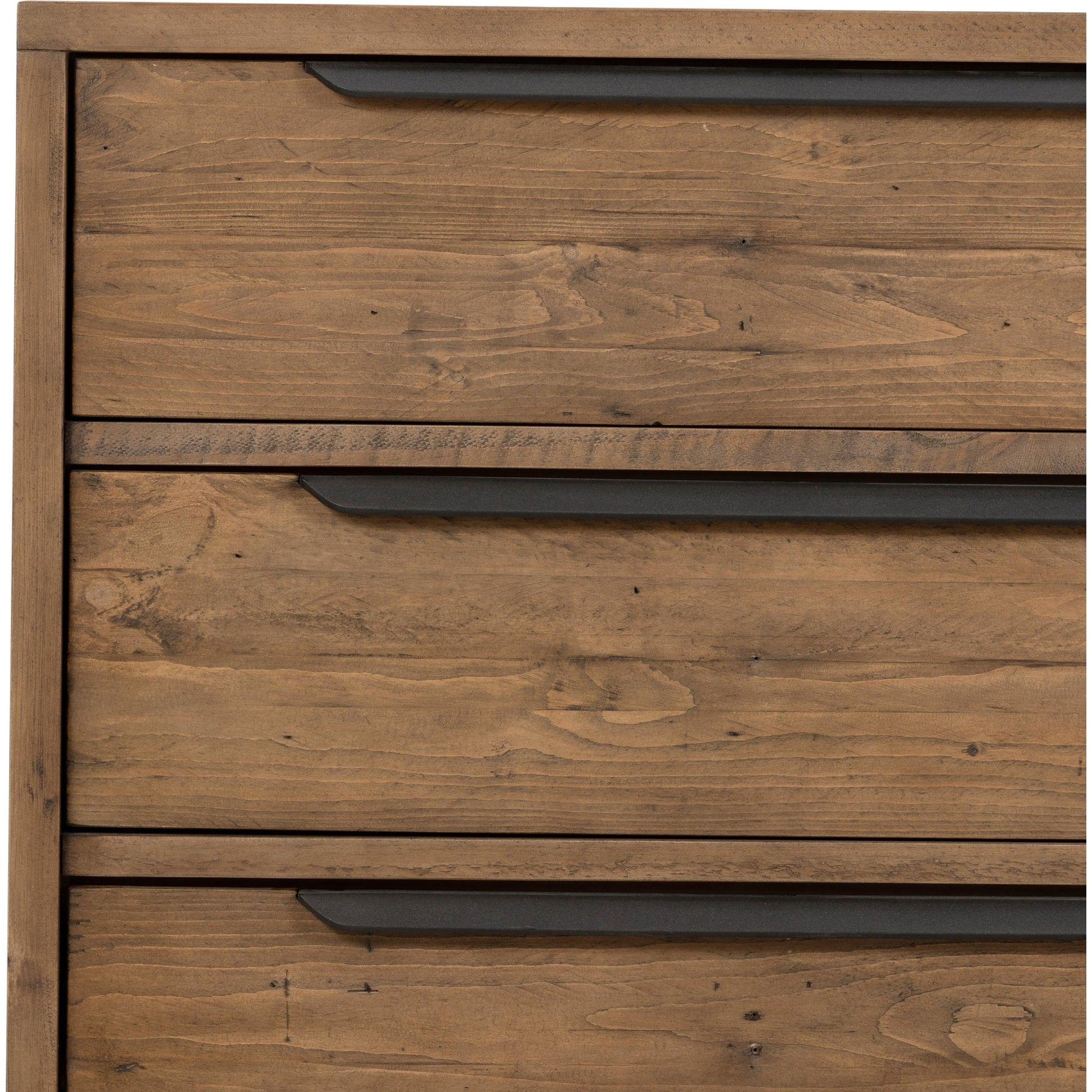 Wyeth 3 Drawer Dresser by Four Hands in dark carbon, antique brass. Made from solid reclaimed pine, iron in a modern style.