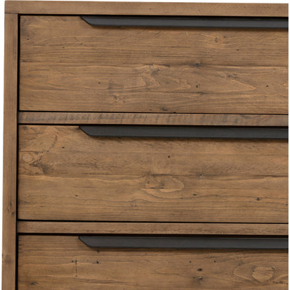 Wyeth 3 Drawer Dresser by Four Hands in dark carbon, antique brass. Made from solid reclaimed pine, iron in a modern style.