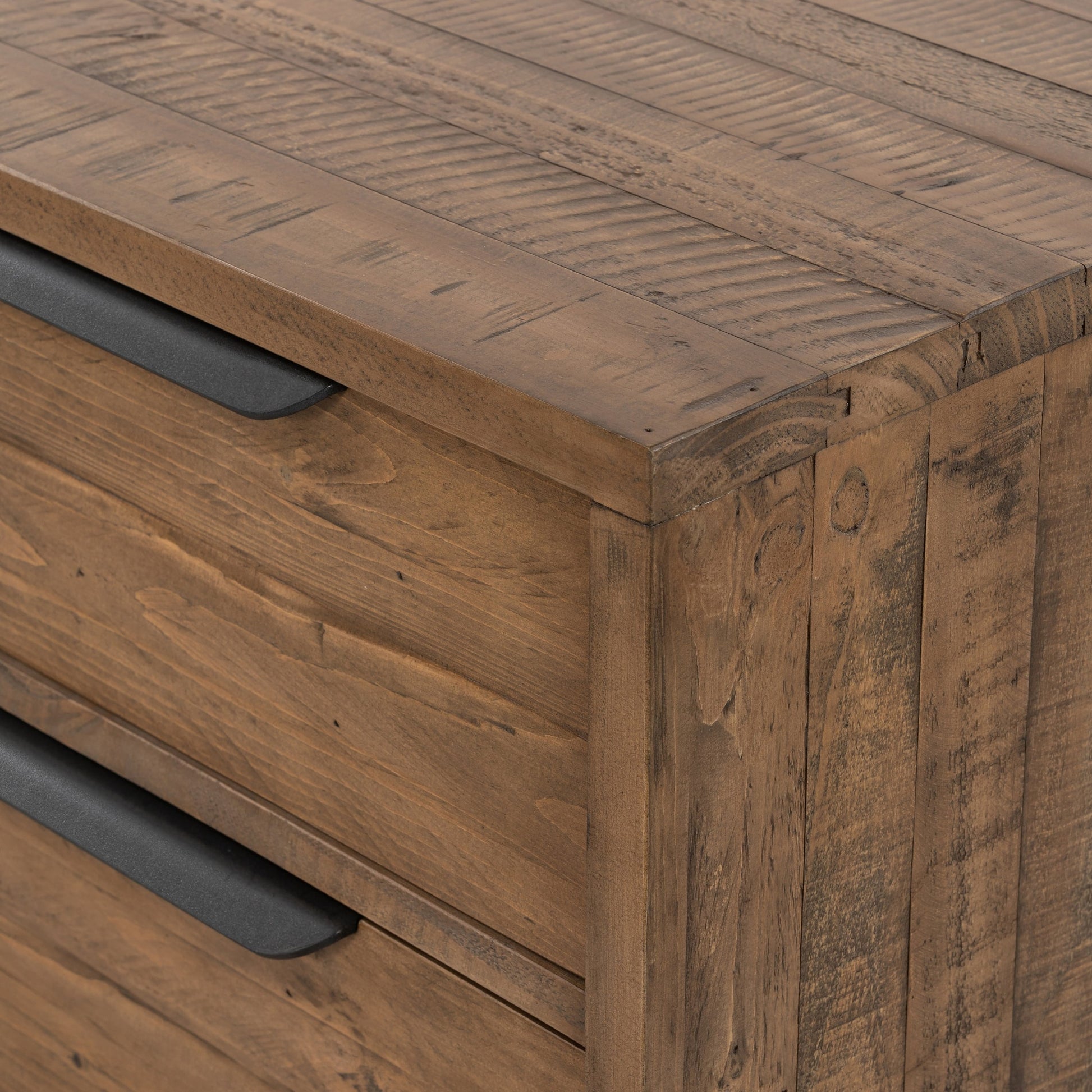 Wyeth 3 Drawer Dresser by Four Hands in dark carbon, antique brass. Made from solid reclaimed pine, iron in a modern style.