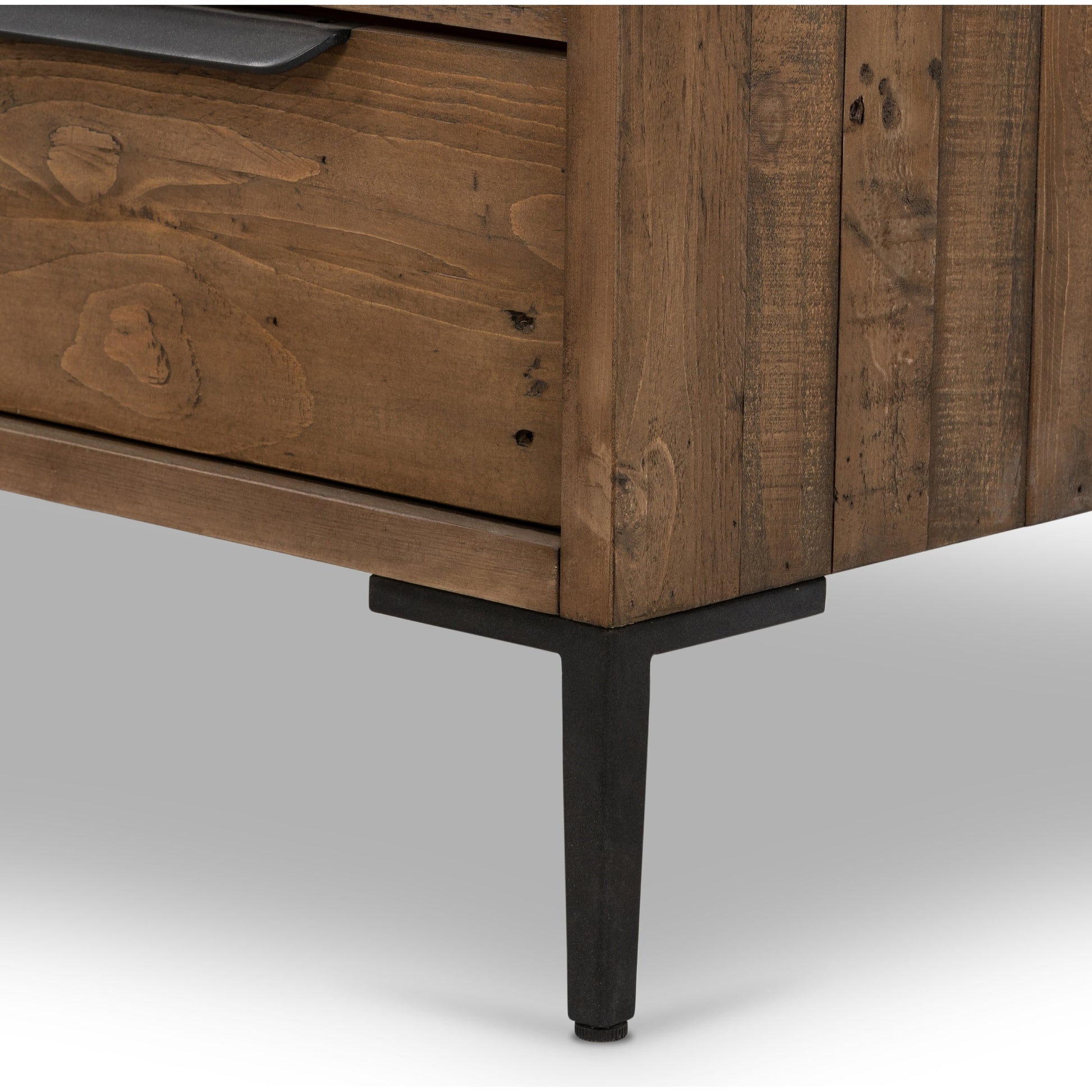 Wyeth 3 Drawer Dresser by Four Hands in dark carbon, antique brass. Made from solid reclaimed pine, iron in a modern style.