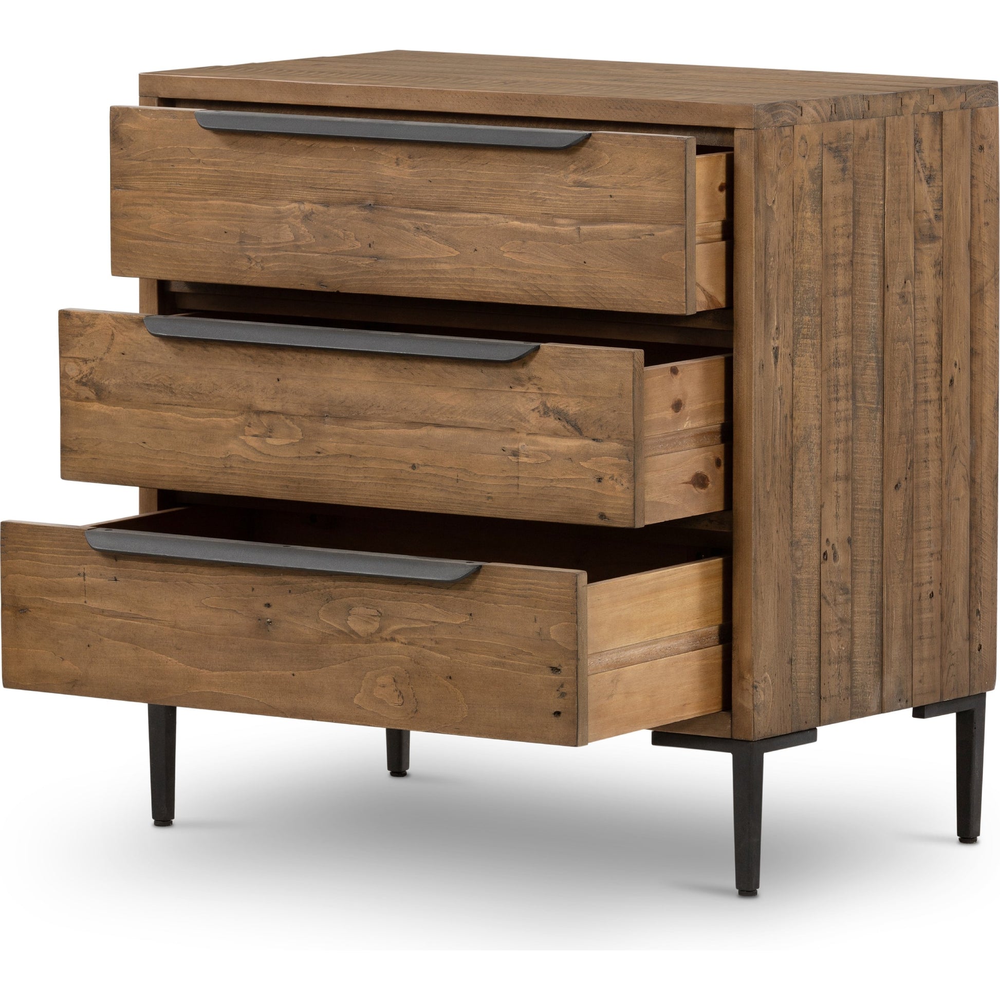 Wyeth 3 Drawer Dresser by Four Hands in dark carbon, antique brass. Made from solid reclaimed pine, iron in a modern style.