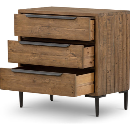 Wyeth 3 Drawer Dresser by Four Hands in dark carbon, antique brass. Made from solid reclaimed pine, iron in a modern style.