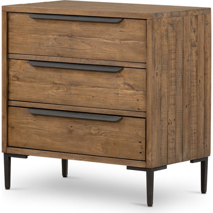 Wyeth 3 Drawer Dresser by Four Hands in dark carbon, antique brass. Made from solid reclaimed pine, iron in a modern style.