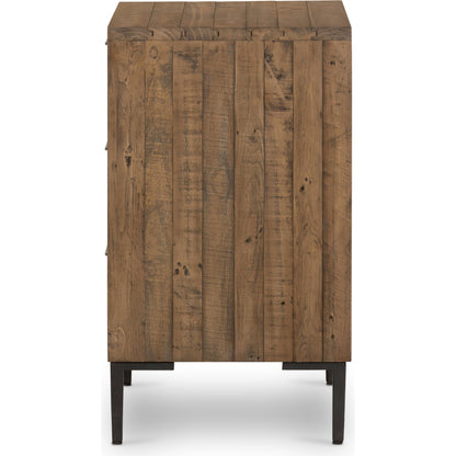 Wyeth 3 Drawer Dresser by Four Hands in dark carbon, antique brass. Made from solid reclaimed pine, iron in a modern style.