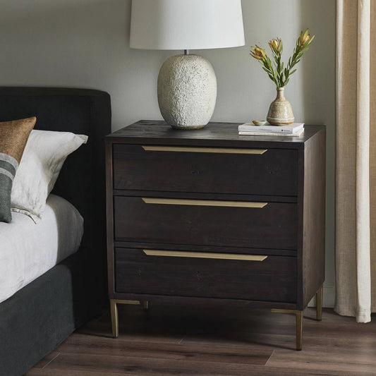 Wyeth 3 Drawer Dresser by Four Hands in dark carbon, antique brass. Made from solid reclaimed pine, iron in a modern style.