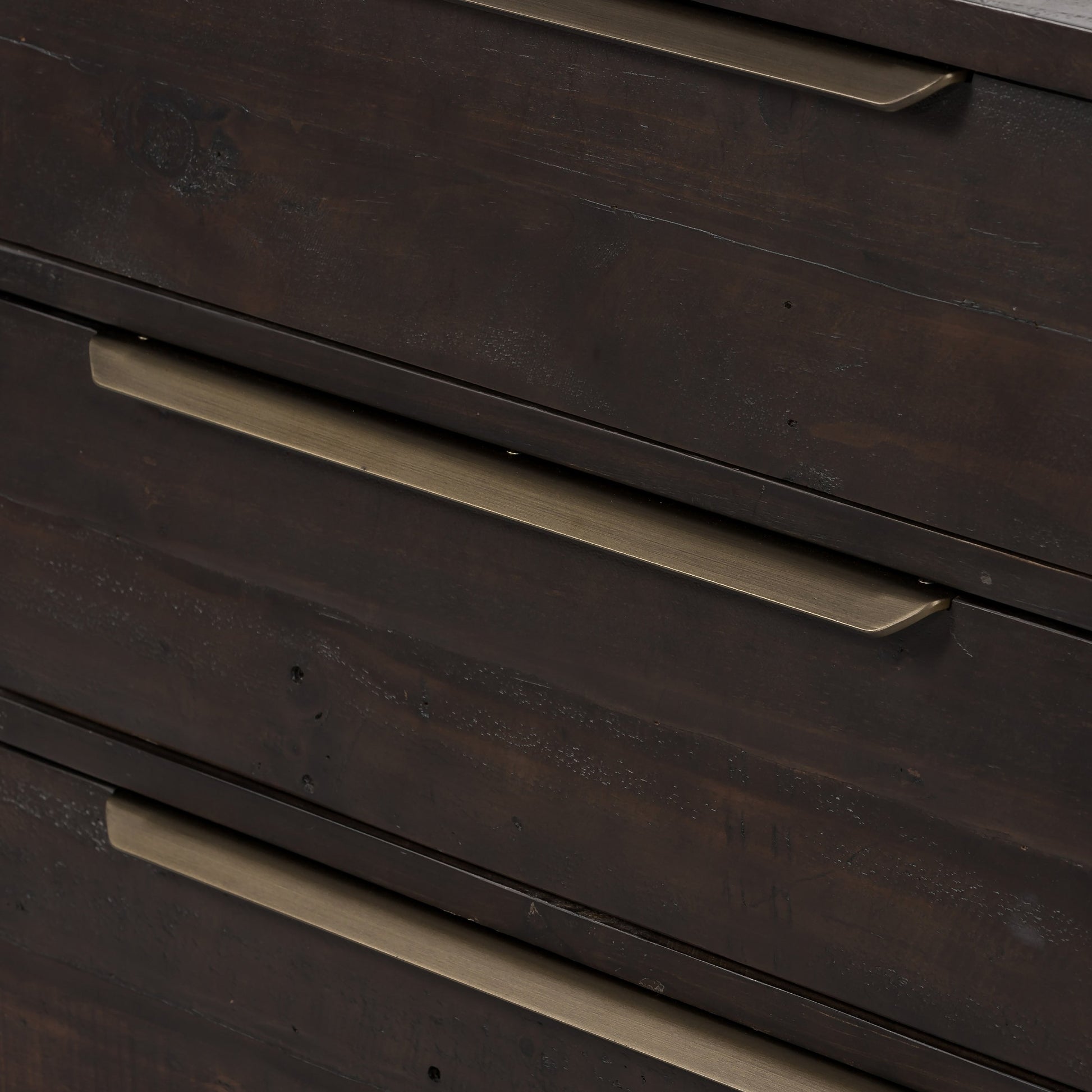 Wyeth 3 Drawer Dresser by Four Hands in dark carbon, antique brass. Made from solid reclaimed pine, iron in a modern style.