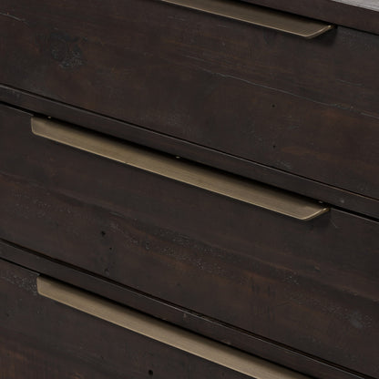 Wyeth 3 Drawer Dresser by Four Hands in dark carbon, antique brass. Made from solid reclaimed pine, iron in a modern style.