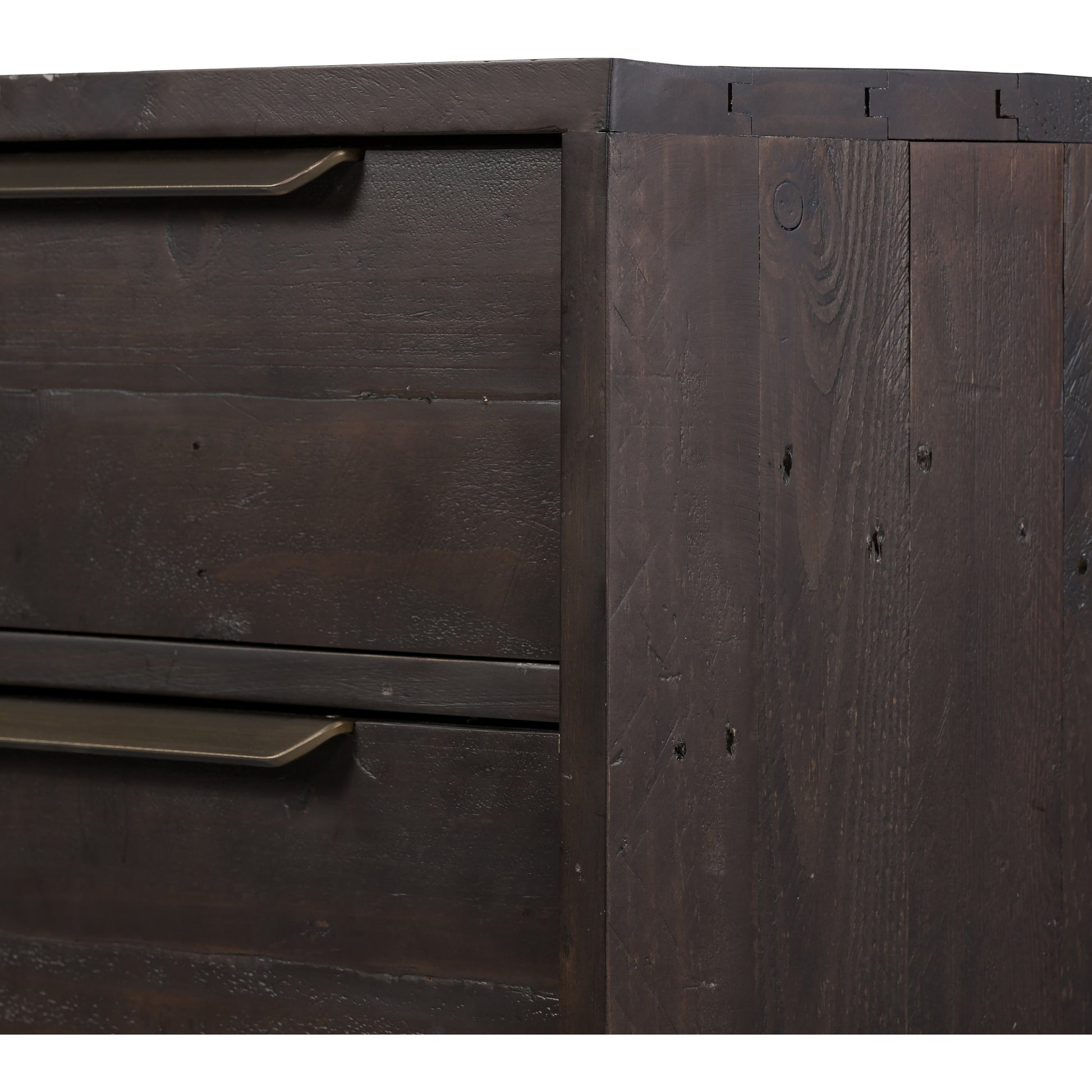 Wyeth 3 Drawer Dresser by Four Hands in dark carbon, antique brass. Made from solid reclaimed pine, iron in a modern style.