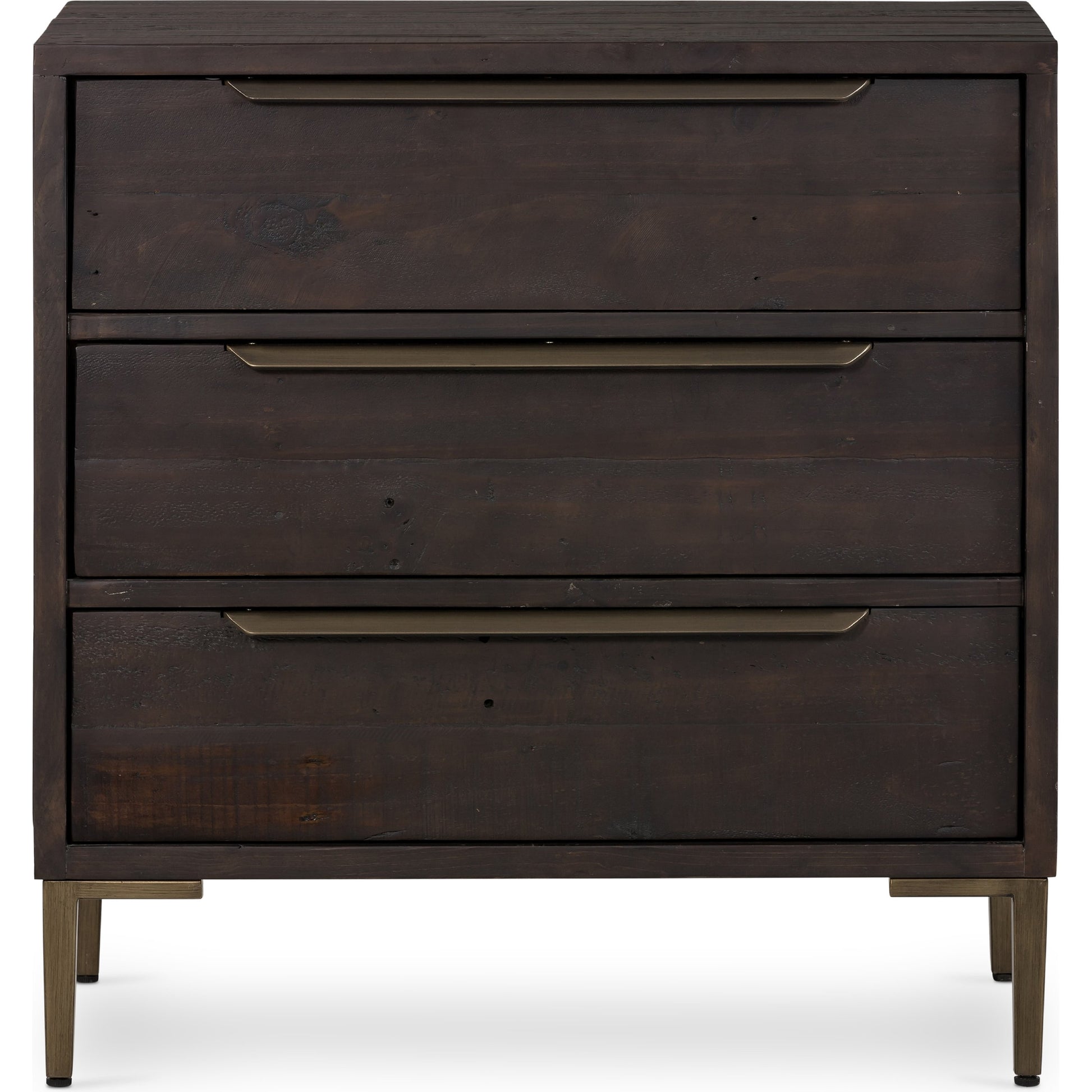 Wyeth 3 Drawer Dresser by Four Hands in dark carbon, antique brass. Made from solid reclaimed pine, iron in a modern style.