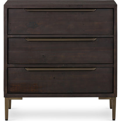 Wyeth 3 Drawer Dresser by Four Hands in dark carbon, antique brass. Made from solid reclaimed pine, iron in a modern style.