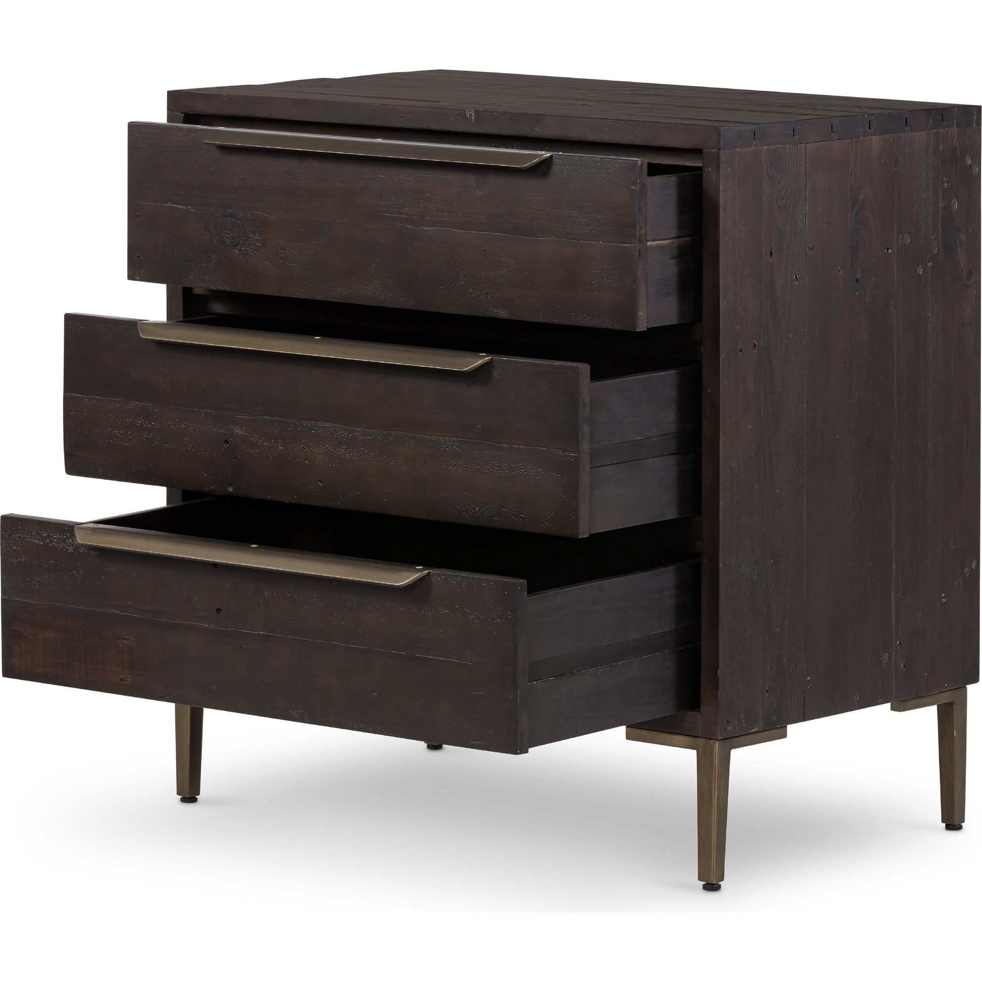 Wyeth 3 Drawer Dresser by Four Hands in dark carbon, antique brass. Made from solid reclaimed pine, iron in a modern style.