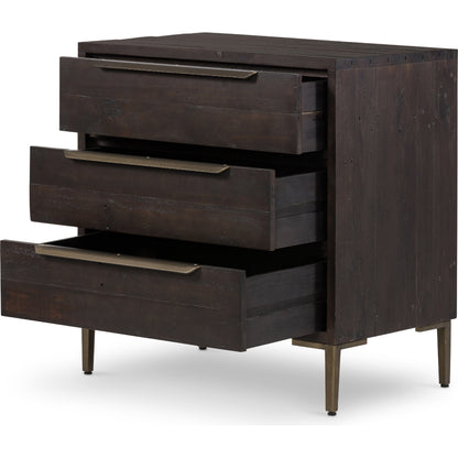 Wyeth 3 Drawer Dresser by Four Hands in dark carbon, antique brass. Made from solid reclaimed pine, iron in a modern style.