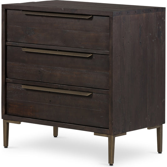 Wyeth 3 Drawer Dresser by Four Hands in dark carbon, antique brass. Made from solid reclaimed pine, iron in a modern style.