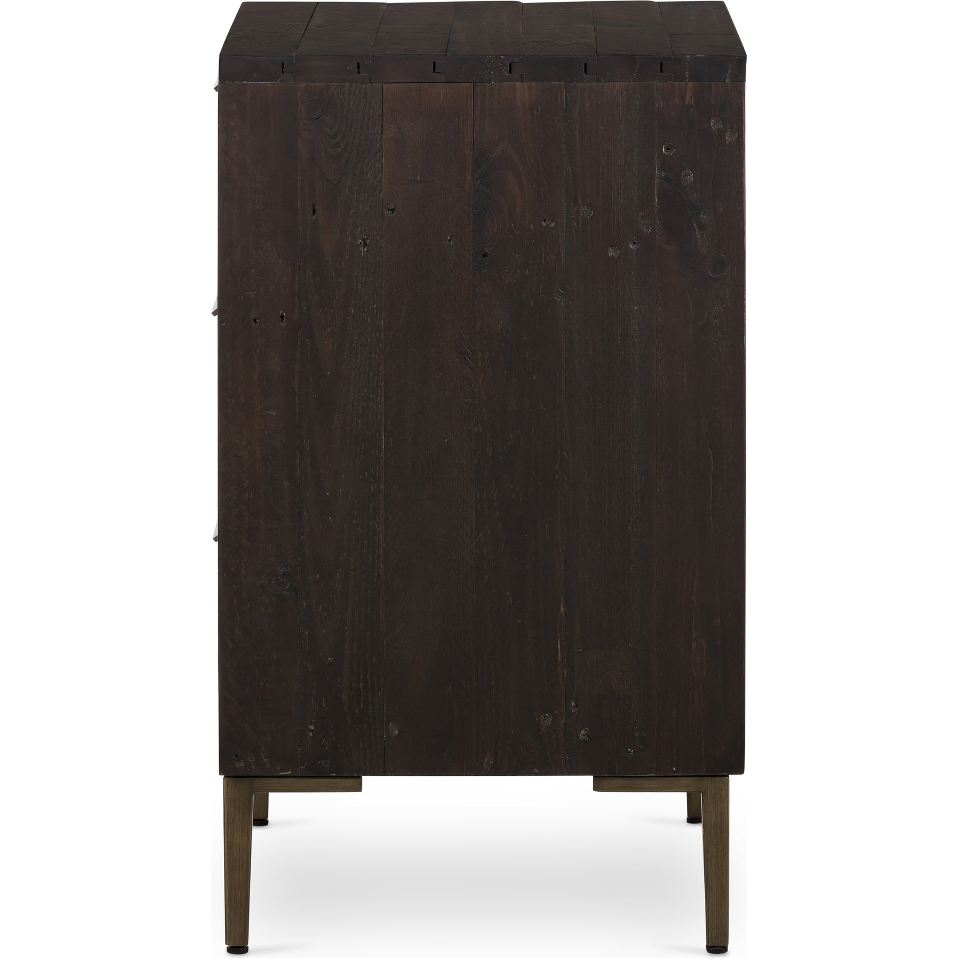 Wyeth 3 Drawer Dresser by Four Hands in dark carbon, antique brass. Made from solid reclaimed pine, iron in a modern style.