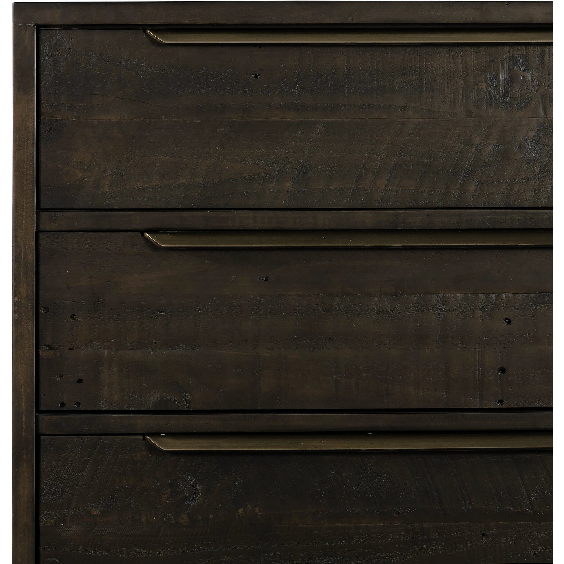 Wyeth 5 Drawer Dresser by Four Hands in dark carbon, antique brass and dark carbon. Made from solid reclaimed pine, iron in a rustic style.