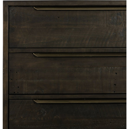 Wyeth 5 Drawer Dresser by Four Hands in dark carbon, antique brass and dark carbon. Made from solid reclaimed pine, iron in a rustic style.