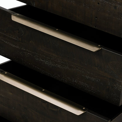 Wyeth 5 Drawer Dresser by Four Hands in dark carbon, antique brass and dark carbon. Made from solid reclaimed pine, iron in a rustic style.