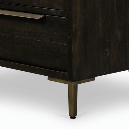 Wyeth 5 Drawer Dresser by Four Hands in dark carbon, antique brass and dark carbon. Made from solid reclaimed pine, iron in a rustic style.