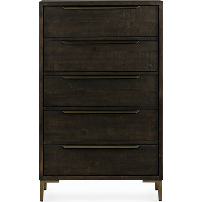 Wyeth 5 Drawer Dresser by Four Hands in dark carbon, antique brass and dark carbon. Made from solid reclaimed pine, iron in a rustic style.