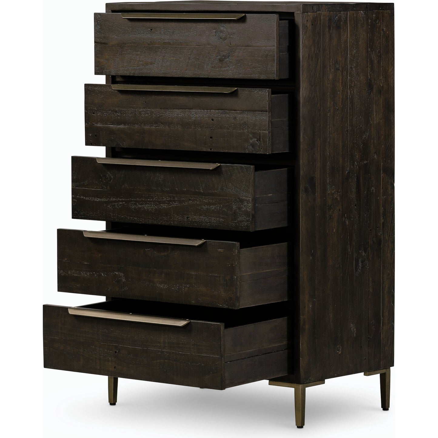 006 SI-2158598 | Closeup | Wyeth 5 Drawer Dresser by Four Hands in dark carbon, antique brass and dark carbon. Made from solid reclaimed pine, iron in a rustic style.