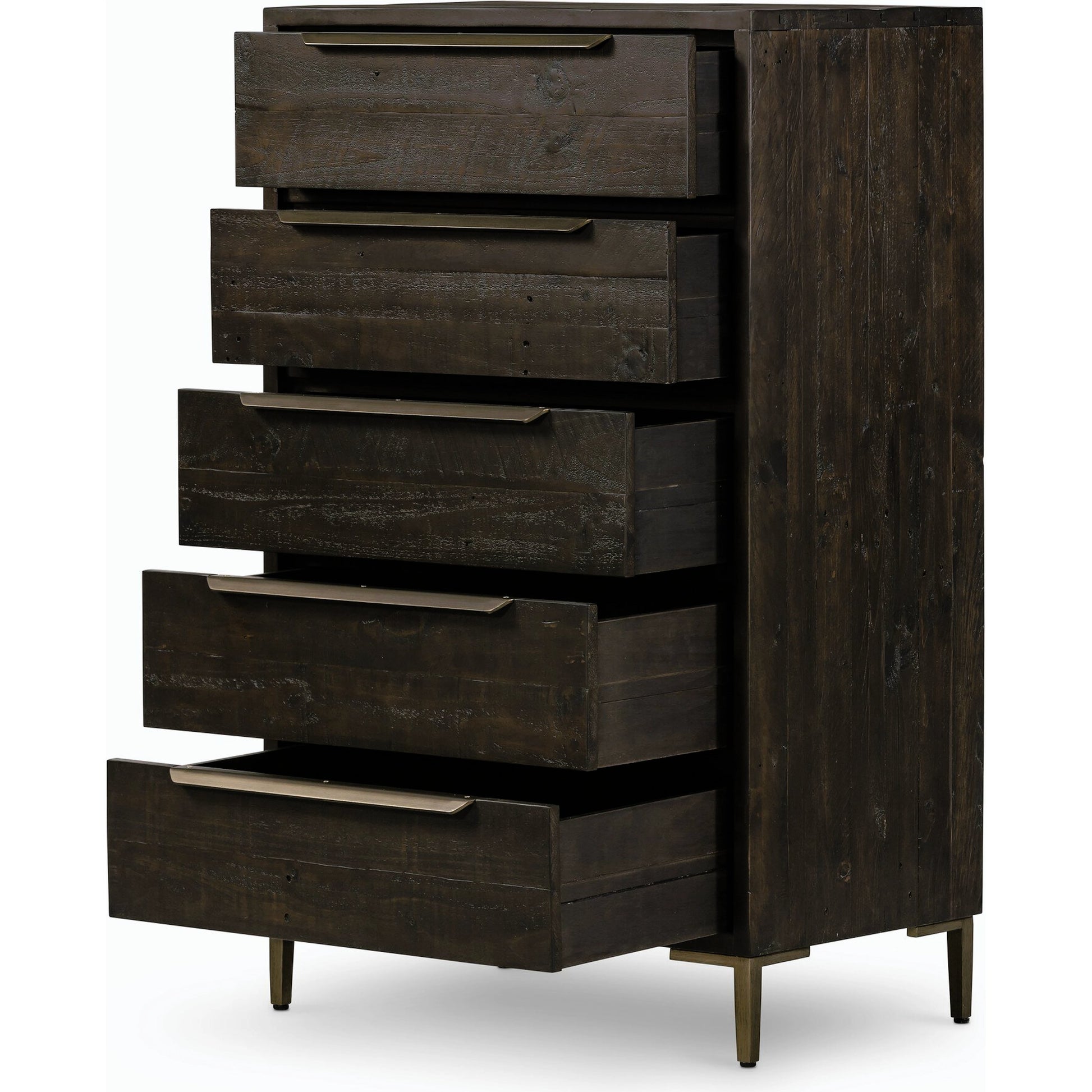 Wyeth 5 Drawer Dresser by Four Hands in dark carbon, antique brass and dark carbon. Made from solid reclaimed pine, iron in a rustic style.