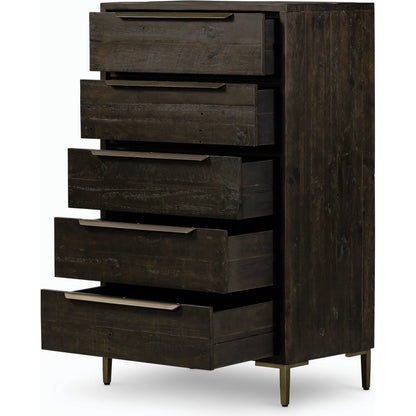 Wyeth 5 Drawer Dresser by Four Hands in dark carbon, antique brass and dark carbon. Made from solid reclaimed pine, iron in a rustic style.