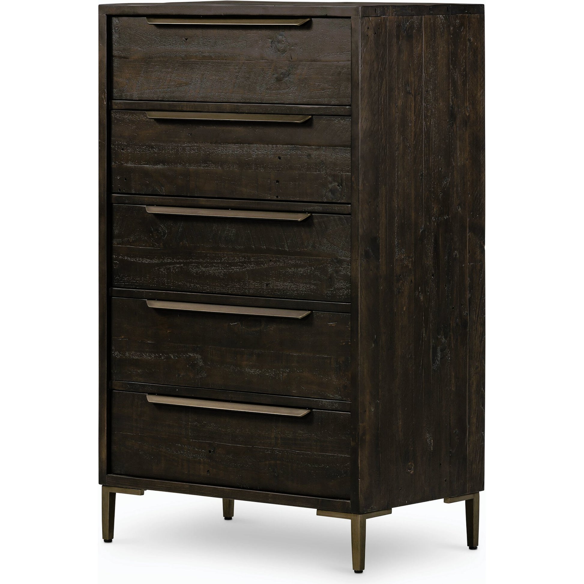 Wyeth 5 Drawer Dresser by Four Hands in dark carbon, antique brass and dark carbon. Made from solid reclaimed pine, iron in a rustic style.