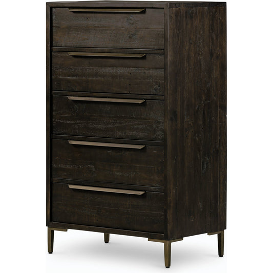 Wyeth 5 Drawer Dresser by Four Hands in dark carbon, antique brass and dark carbon. Made from solid reclaimed pine, iron in a rustic style.