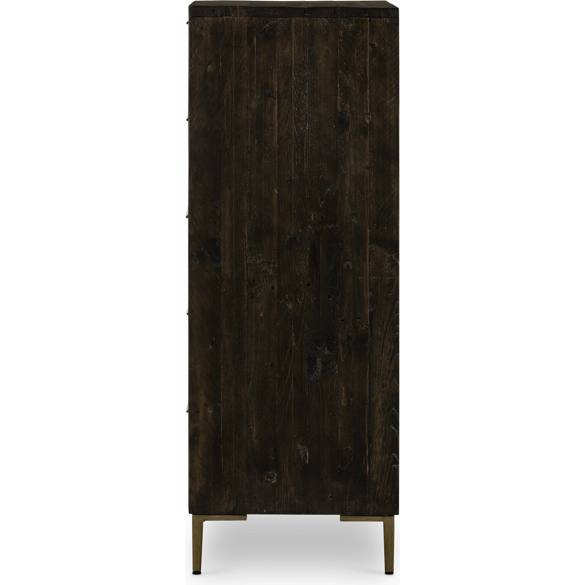 Wyeth 5 Drawer Dresser by Four Hands in dark carbon, antique brass and dark carbon. Made from solid reclaimed pine, iron in a rustic style.