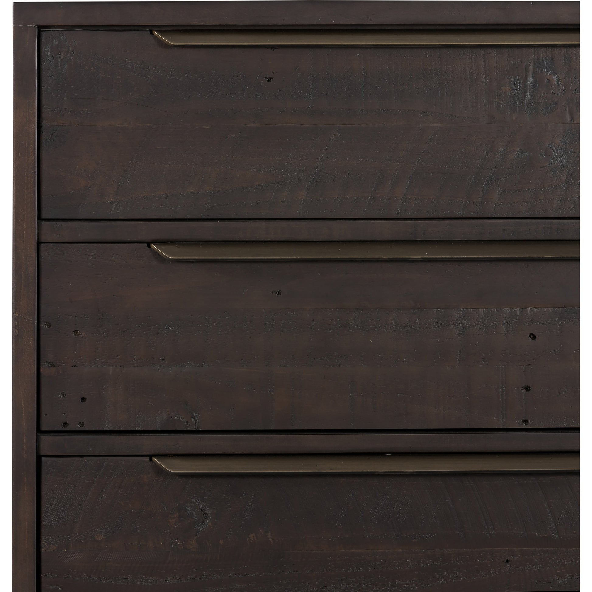 Wyeth 5 Drawer Dresser by Four Hands in dark carbon, antique brass and dark carbon. Made from solid reclaimed pine, iron in a rustic style.