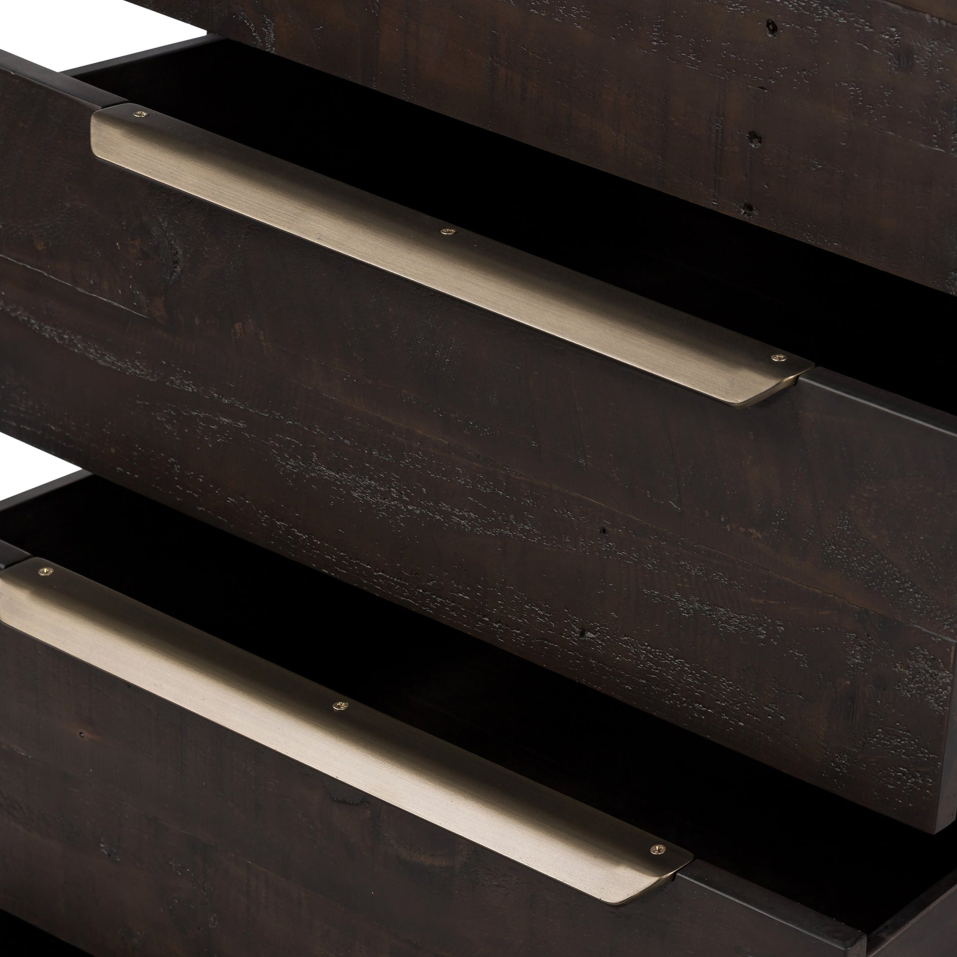 Wyeth 5 Drawer Dresser by Four Hands in dark carbon, antique brass and dark carbon. Made from solid reclaimed pine, iron in a rustic style.