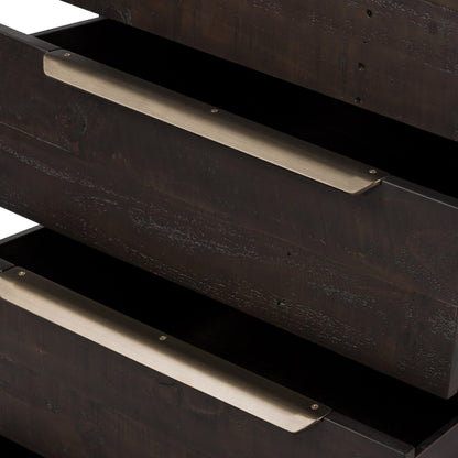 Wyeth 5 Drawer Dresser by Four Hands in dark carbon, antique brass and dark carbon. Made from solid reclaimed pine, iron in a rustic style.
