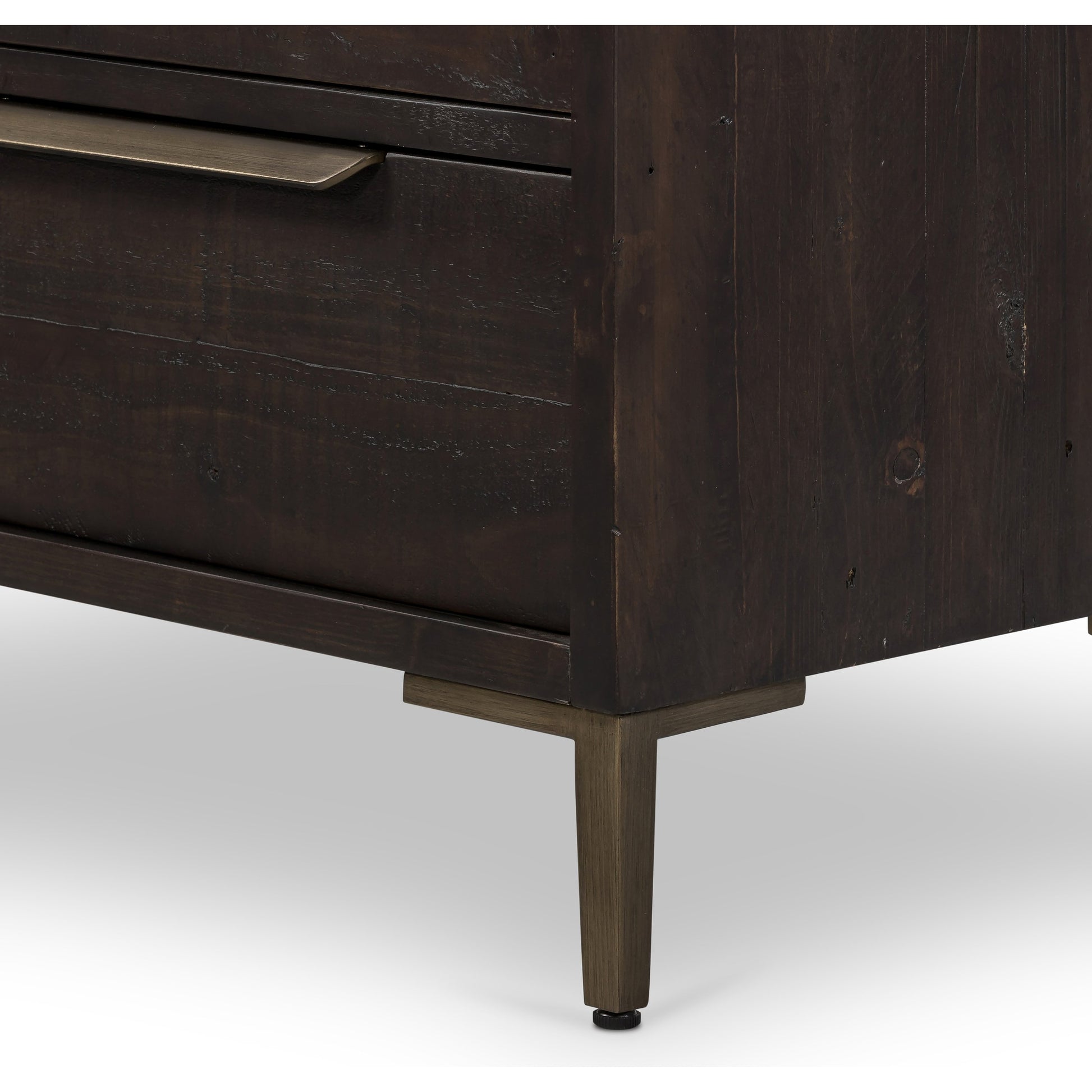 Wyeth 5 Drawer Dresser by Four Hands in dark carbon, antique brass and dark carbon. Made from solid reclaimed pine, iron in a rustic style.