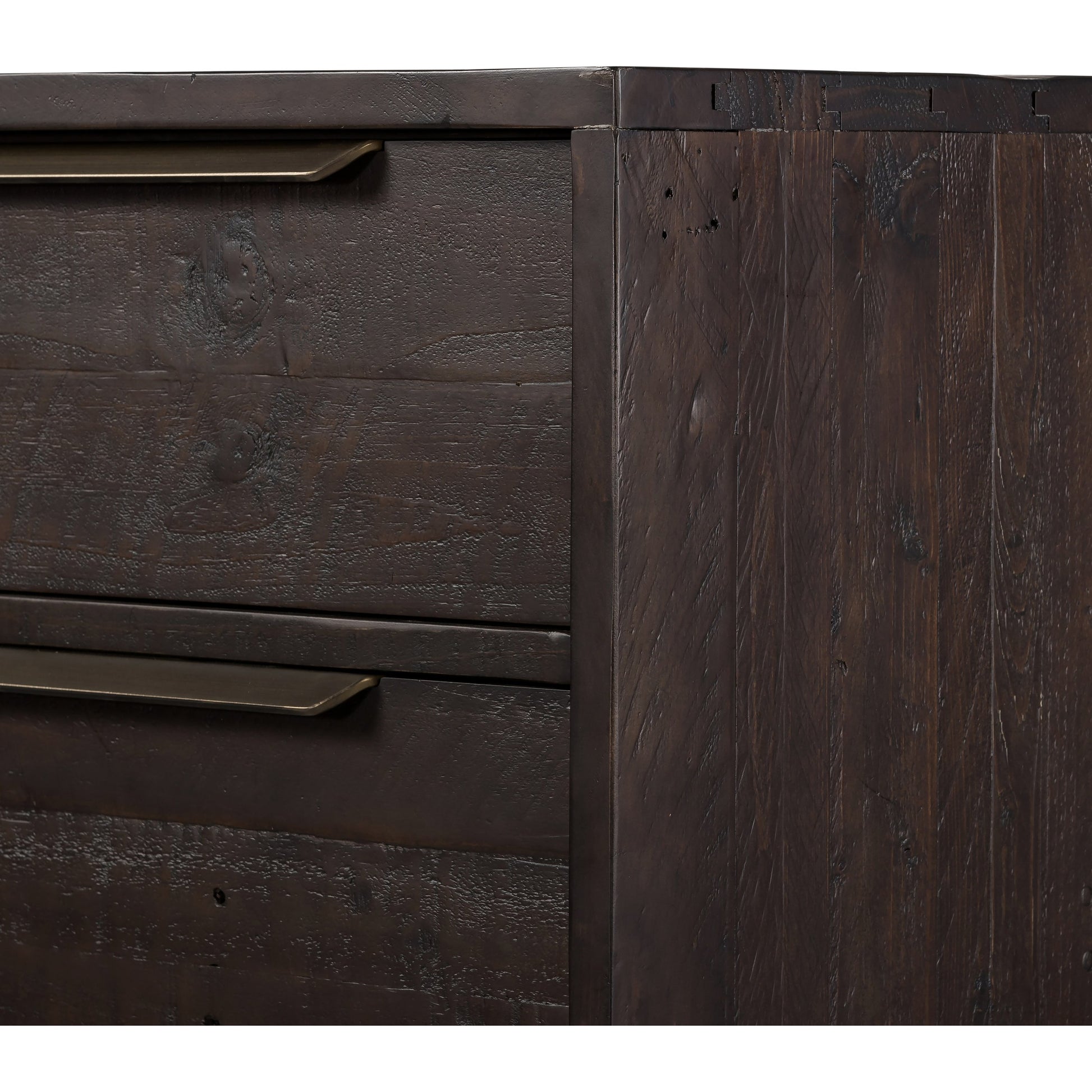 Wyeth 5 Drawer Dresser by Four Hands in dark carbon, antique brass and dark carbon. Made from solid reclaimed pine, iron in a rustic style.